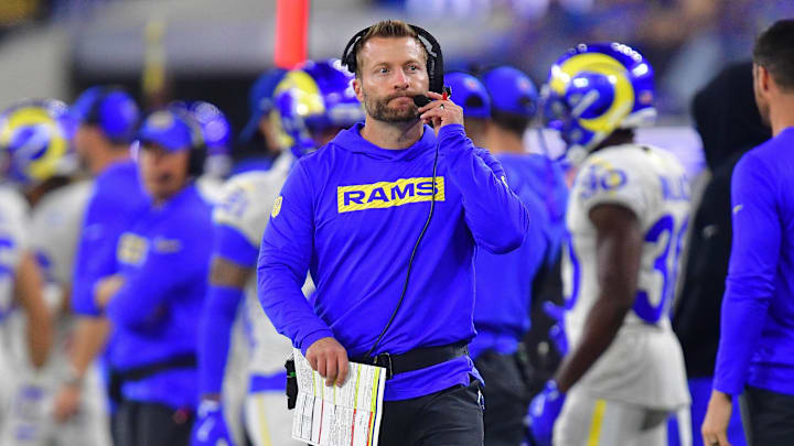 Oct 24, 2024; Inglewood, California, USA; Los Angeles Rams head coach Sean McVay watches game action against the Minnesota Vikings during the first half at SoFi Stadium. Mandatory Credit: Gary A. Vasquez-Imagn Images