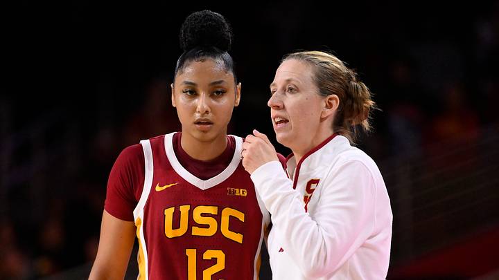 Feb 13, 2025; Los Angeles, California, USA; USC Trojans guard JuJu Watkins (12) and head coach Lindsay Gottlieb during the second half against the UCLA Bruins at Galen Center. Mandatory Credit: Robert Hanashiro-Imagn Images Feb 13, 2025; Los Angeles, California, USA; USC Trojans guard JuJu Watkins (12) and head coach Lindsay Gottlieb during the second half against the UCLA Bruins at Galen Center. Mandatory Credit: Robert Hanashiro-Imagn Images