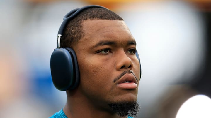 Jacksonville Jaguars defensive end Travon Walker (44) looks on before an NFL football matchup Sunday, Dec. 29, 2024 at EverBank Stadium in Jacksonville, Fla. [Corey Perrine/Florida Times-Union]