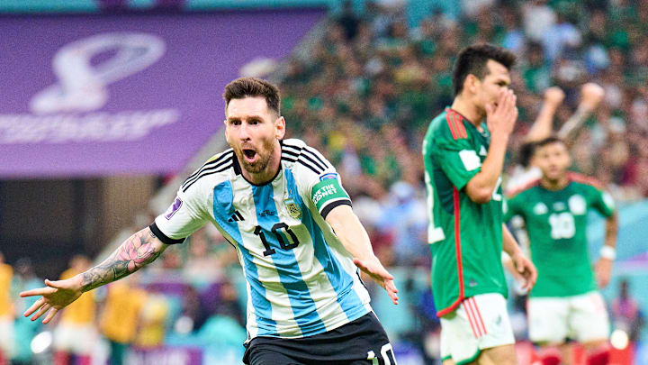 Lionel Messi (left) celebrates his goal vs. Mexico in the 2022 FIFA World Cup. Lionel Messi (left) celebrates his goal vs. Mexico in the 2022 FIFA World Cup.