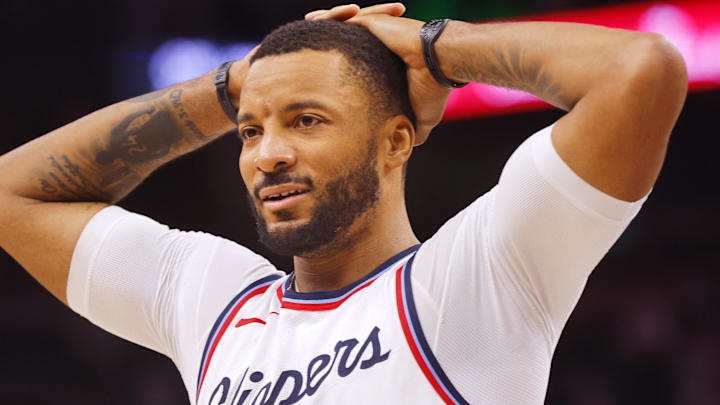 Jan 6, 2025; Minneapolis, Minnesota, USA; Los Angeles Clippers guard Norman Powell (24) reacts as time ends and his team loses to the Minnesota Timberwolves at Target Center. Mandatory Credit: Bruce Kluckhohn-Imagn Images