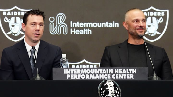 Feb 10, 2026; Henderson, NV, USA; Las Vegas Raiders coach Klint Kubiak (left) and general manager John Spytek at introductory press conference at Intermountain Health Performance Center. Mandatory Credit: Kirby Lee-Imagn Images