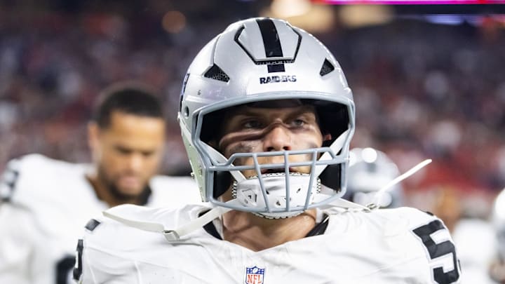 Aug 23, 2025; Glendale, Arizona, USA; Las Vegas Raiders linebacker Cody Lindenberg (55) against the Arizona Cardinals during a preseason NFL game at State Farm Stadium. Mandatory Credit: Mark J. Rebilas-Imagn Images