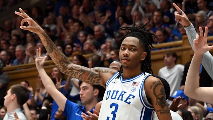 Jan 10, 2026; Durham, North Carolina, USA; Duke Blue Devils forward Isaiah Evans (3) and guard Darren Harris (8) react to a three-pointer by Cayden Boozer (not pictured) during the second half against the Southern Methodist Mustangs at Cameron Indoor Stadium. Mandatory Credit: Rob Kinnan-Imagn Images Jan 10, 2026; Durham, North Carolina, USA; Duke Blue Devils forward Isaiah Evans (3) and guard Darren Harris (8) react to a three-pointer by Cayden Boozer (not pictured) during the second half against the Southern Methodist Mustangs at Cameron Indoor Stadium. Mandatory Credit: Rob Kinnan-Imagn Images