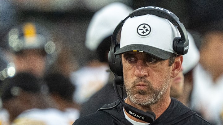 Pittsburgh Steelers quarterback Aaron Rodgers (8) walks along the sideline with a head set during the first half of the first preseason game where the Jacksonville Jaguars hosted the Pittsburgh Steelers Saturday Aug. 9, 2025, at EverBank Stadium in Jacksonville, Fla. [Doug Engle/Florida Times-Union]