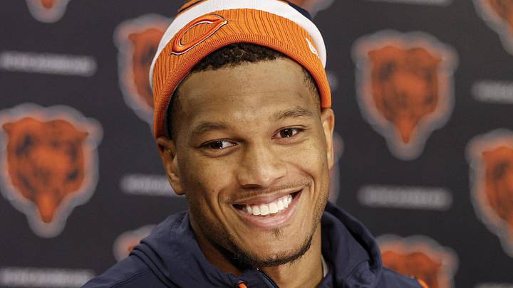 Jun 3, 2025; Lake Forest, IL, USA; Chicago Bears wide receiver DJ Moore (2) speaks during minicamp at Halas Hall. Mandatory Credit: Kamil Krzaczynski-Imagn Images