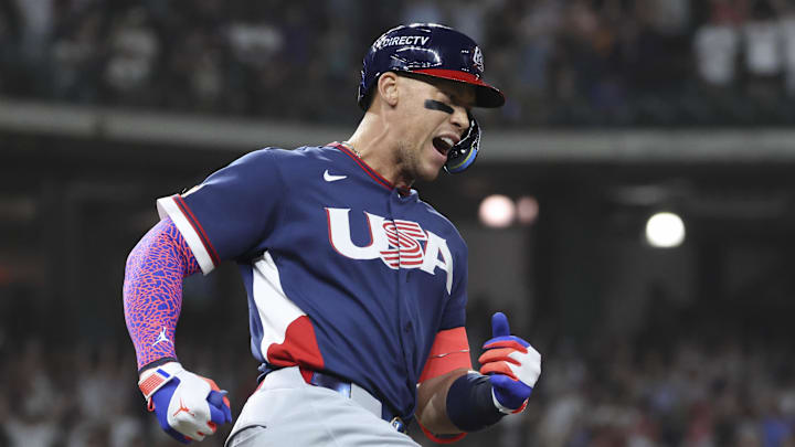 Mar 6, 2026; Houston, TX, United States; United States right fielder Aaron Judge (99) reacts after hitting a home run during the first inning against Brazil at Daikin Park. Mandatory Credit: Troy Taormina-Imagn Images