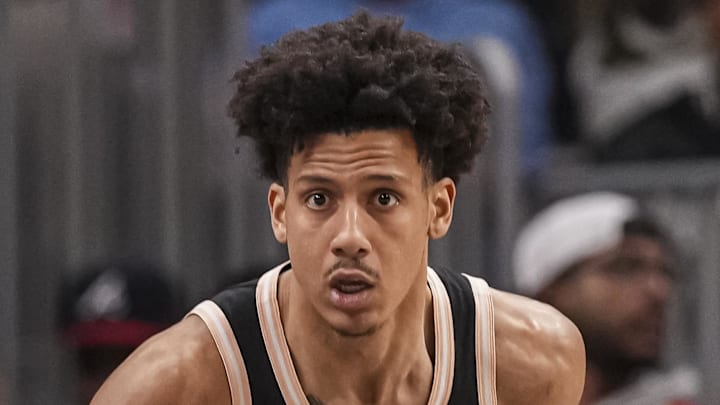 Hawks forward Jalen Johnson (1) brings the ball up the floor against the Magic during the second half at State Farm Arena.