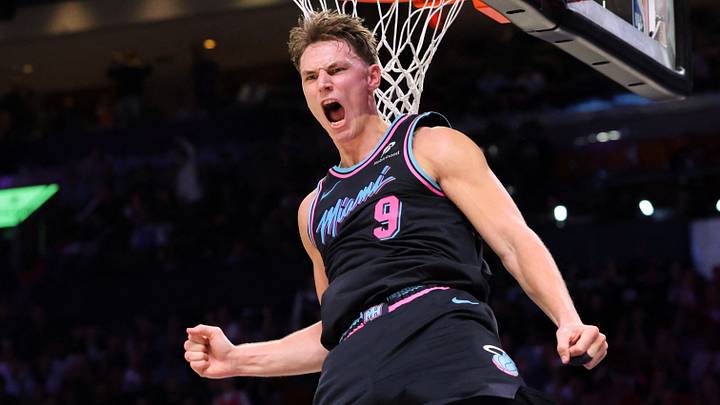 Miami Heat guard Pelle Larsson (9) reacts (Mandatory Credit: Sam Navarro-Imagn Images)