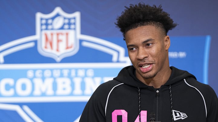 South Carolina defensive back Brandon Cisse (DB04) speaks to members of the media during the NFL Combine.