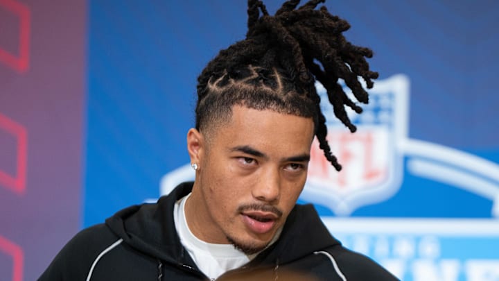 Feb 27, 2026; Indianapolis, IN, USA; Southern California wideout Makai Lemon (WO29) speaks to members of the media during the NFL Combine at the Indiana Convention Center. Mandatory Credit: Jacob Musselman-Imagn Images