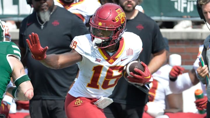 Sep 16, 2023; Athens, Ohio, USA;  Iowa State Cyclones wide receiver Daniel Jackson (16) and Ohio University Bobcats safety Austin Brawley (21) during the fourth quarter at Peden Stadium. Mandatory Credit: Matt Lunsford-Imagn Images