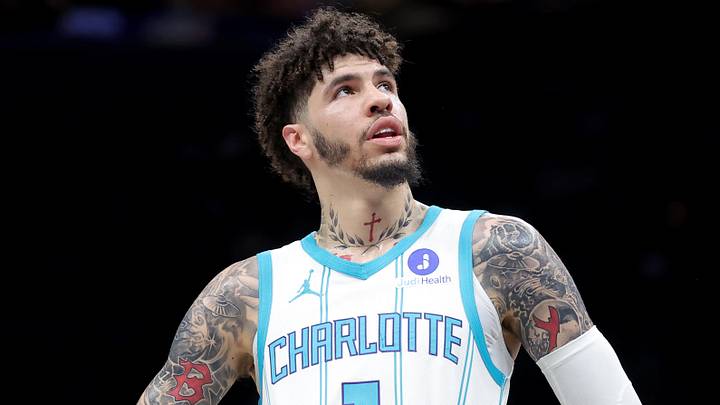 Mar 31, 2026; Brooklyn, New York, USA; Charlotte Hornets guard LaMelo Ball (1) reacts during the first quarter against the Brooklyn Nets at Barclays Center. Mandatory Credit: Brad Penner-Imagn Images