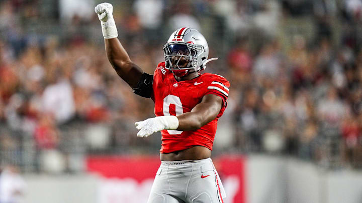 Ohio State Buckeyes linebacker Sonny Styles (0) reacts in the first half at the Ohio Stadium on Saturday, Sept. 13, 2025 in Columbus, Ohio.