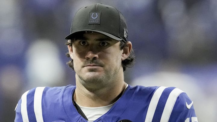 Indianapolis Colts quarterback Daniel Jones walks off the field Indianapolis Colts quarterback Daniel Jones walks off the field