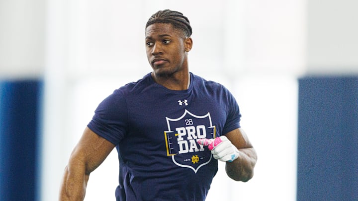 Running back Jadarian Price during Notre Dame football's Pro Day at Irish Athletic Center on Tuesday, March 24, 2026, in South Bend.