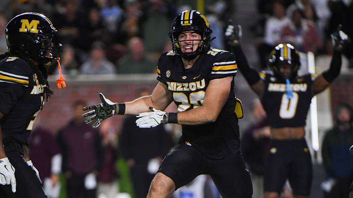 Nov 15, 2025; Columbia, Missouri, USA; Missouri Tigers linebacker Nick Rodriguez celebrates a play in the Missouri matchup against Mississippi State at Faurot Field. Nov 15, 2025; Columbia, Missouri, USA; Missouri Tigers linebacker Nick Rodriguez celebrates a play in the Missouri matchup against Mississippi State at Faurot Field.