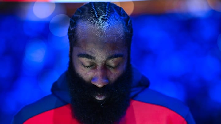 Nov 24, 2024; Philadelphia, Pennsylvania, USA; Los Angeles Clippers guard James Harden (1) observes the national anthem before the game against the Philadelphia 76ers at Wells Fargo Center. Mandatory Credit: Kyle Ross-Imagn Images