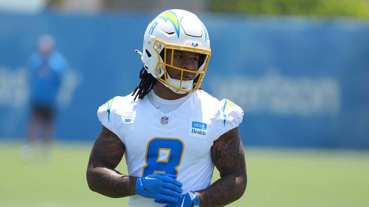 Jun 16, 2026, El Segundo, California; Los Angeles Chargers running back Omarion Hampton (8) during minicamp at The Bolt. Mandatory Credit: Kirby Lee-Imagn Images