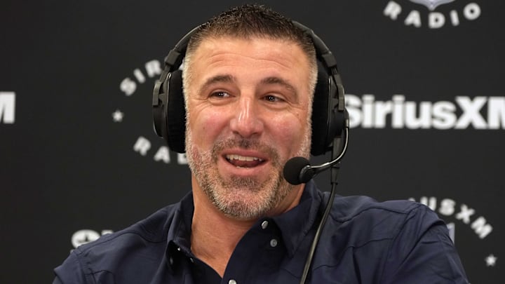 Feb 25, 2025; Indianapolis, IN, USA; New England Patriots coach Mike Vrabel on the SiriusXM radio set at the NFL Scouting Combine at the Indiana Convention Center. Mandatory Credit: Kirby Lee-Imagn Images