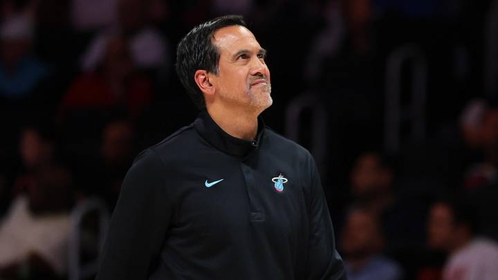 Miami Heat head coach Erik Spoelstra looks on (Mandatory Credit: Sam Navarro-Imagn Images)