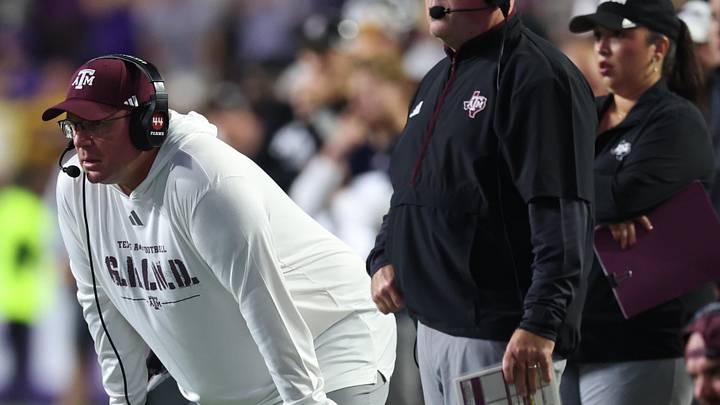 Oct 25, 2025; Baton Rouge, Louisiana, USA; Texas A&M Aggies head coach Mike Elko during the first half against the Louisiana State Tigers at Tiger Stadium. Mandatory Credit: Stephen Lew-Imagn Images