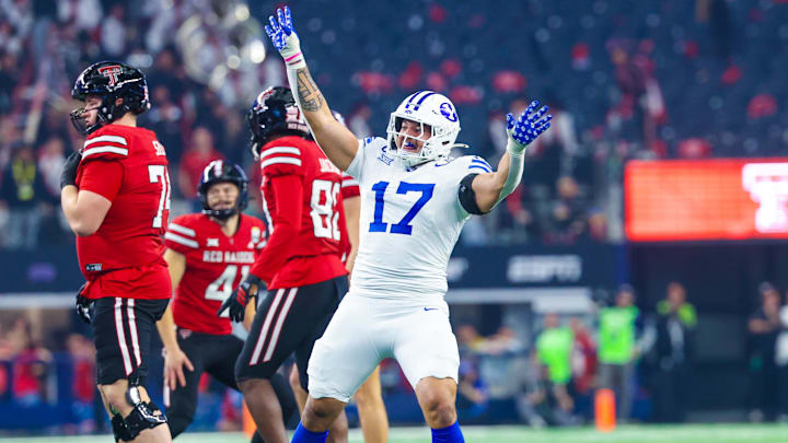 Dec 6, 2025; Arlington, TX, USA;  BYU Cougars linebacker Jack Kelly (17) reacts after a missed field goal against the Texas Tech Red Raiders during the first halfat AT&T Stadium. Mandatory Credit: Kevin Jairaj-Imagn Images
