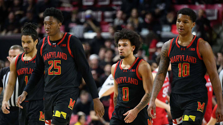 Feb 9, 2025; College Park, Maryland, USA; Maryland Terrapins guard Rodney Rice (1), center Derik Queen (25), guard Ja'Kobi Gillespie (0), and forward Julian Reese (10) walk to the bench during the first half against the Rutgers Scarlet Knights at Xfinity Center. Mandatory Credit: Reggie Hildred-Imagn Images
