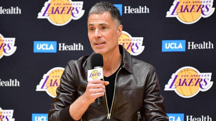 Feb 4, 2025; El Segundo, CA, USA; Los Angeles Lakers vice president of basketball operations and general manager Rob Pelinka speaks before introducing Luka Doncic at UCLA Health Training Center. Mandatory Credit: Gary A. Vasquez-Imagn Images