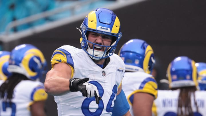 Nov 30, 2025; Charlotte, North Carolina, USA; Los Angeles Rams tight end Colby Parkinson (84) celebrates after a play during the fourth quarter against the Carolina Panthers at Bank of America Stadium. Mandatory Credit: Scott Kinser-Imagn Images Nov 30, 2025; Charlotte, North Carolina, USA; Los Angeles Rams tight end Colby Parkinson (84) celebrates after a play during the fourth quarter against the Carolina Panthers at Bank of America Stadium. Mandatory Credit: Scott Kinser-Imagn Images