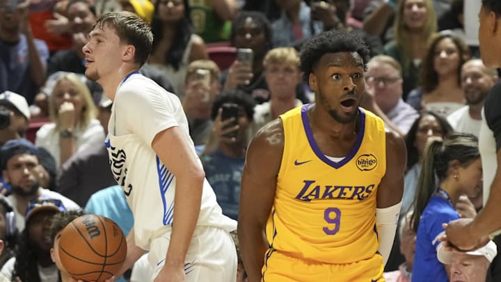 Jul 10, 2025; Las Vegas, NV, USA; Los Angeles Lakers guard Bronny James (9) reacts to a foul call against Dallas Mavericks forward Cooper Flagg (32) in the second quarter of their game at Thomas & Mack Center. Mandatory Credit: Candice Ward-Imagn Images