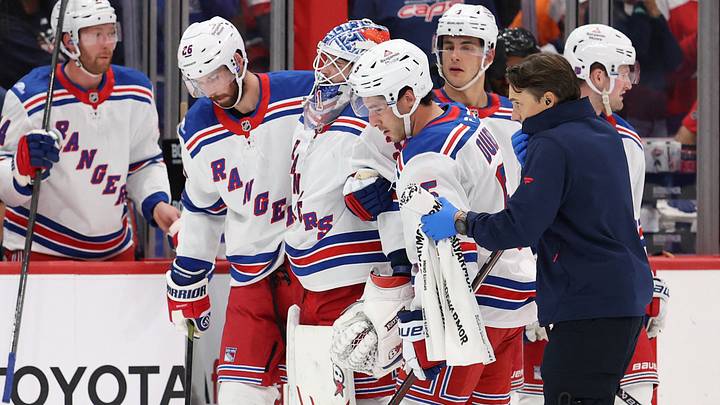 Oct 9, 2026; Washington, District of Columbia, USA; New York Rangers goaltender Igor Shesterkin (31) is helped off the ice after being injured against the Washington Capitals during the second period at Capital One Arena. Mandatory Credit: Geoff Burke-Imagn Images Oct 9, 2026; Washington, District of Columbia, USA; New York Rangers goaltender Igor Shesterkin (31) is helped off the ice after being injured against the Washington Capitals during the second period at Capital One Arena. Mandatory Credit: Geoff Burke-Imagn Images
