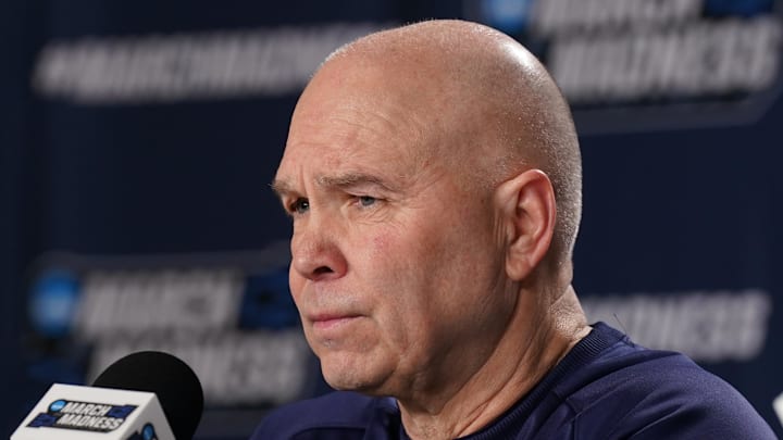 Mar 16, 2023; Albany, NY, USA; St. Mary's Gaels head coach Randy Bennett speaks to the press during first round practice at MVP Arena. Mandatory Credit: David Butler II-Imagn Images