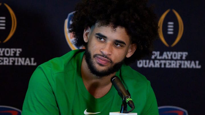 Oregon quarterback Dante Moore speaks during the Oregon Ducks media day ahead of Orange Bowl on Dec. 30, 2025, at Hard Rock Stadium in Miami, Florida.
