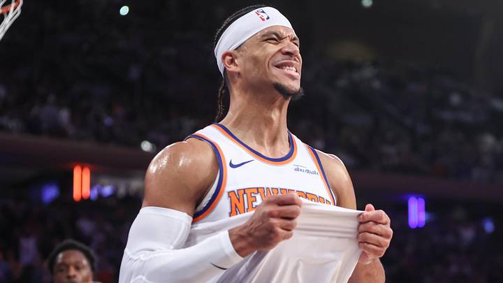 Dec 25, 2024; New York, New York, USA;  New York Knicks guard Josh Hart (3) reacts after missing a layup in the fourth quarter against the San Antonio Spurs at Madison Square Garden. Mandatory Credit: Wendell Cruz-Imagn Images