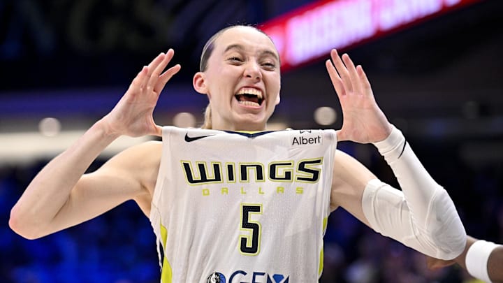 Sep 11, 2025; Arlington, Texas, USA; Dallas Wings guard Paige Bueckers (5) celebrates after the game against the Phoenix Mercury at College Park Center. Mandatory Credit: Jerome Miron-Imagn Images