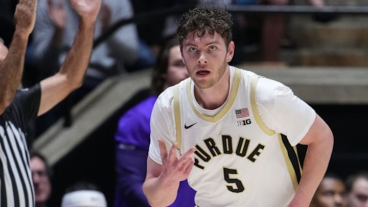 Purdue Boilermakers forward Liam Murphy (5) celebrates a three-point basket