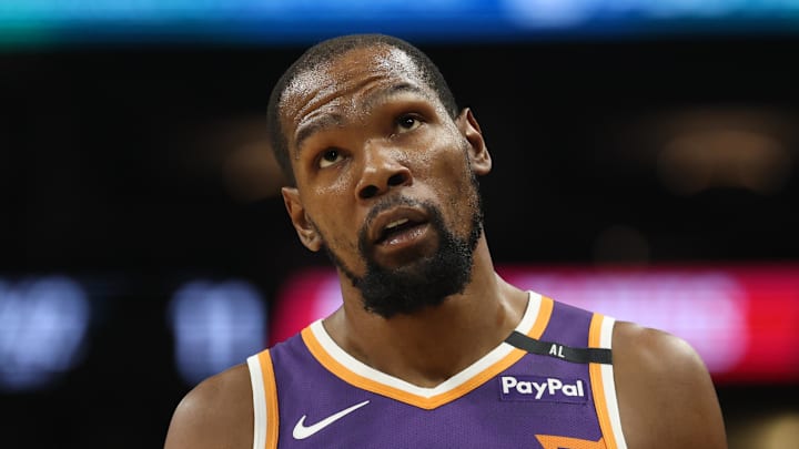 Kevin Durant #35 of the Phoenix Suns reacts against the Atlanta Hawks.