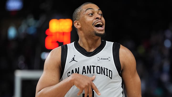 Mar 8, 2026; San Antonio, Texas, USA; San Antonio Spurs forward Keldon Johnson (3) reacts in the first half against the Houston Rockets at Frost Bank Center. Mandatory Credit: Daniel Dunn-Imagn Images Mar 8, 2026; San Antonio, Texas, USA; San Antonio Spurs forward Keldon Johnson (3) reacts in the first half against the Houston Rockets at Frost Bank Center. Mandatory Credit: Daniel Dunn-Imagn Images