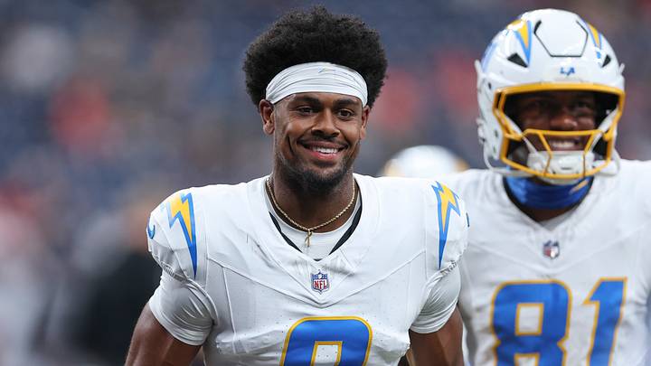 Aug 13, 2026; Houston, Texas, USA;  Los Angeles Chargers wide receiver Tre' Harris (9) before the game against the Houston Texans at Reliant Stadium. Mandatory Credit: Troy Taormina-Imagn Images