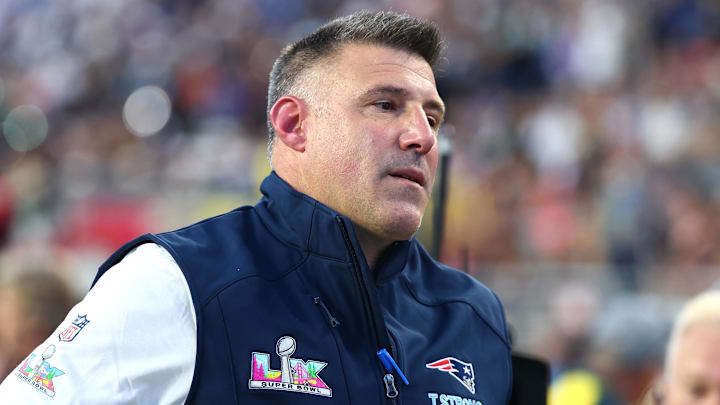 Feb 8, 2026; Santa Clara, CA, USA; New England Patriots head coach Mike Vrabel leaves the field at halftime against the Seattle Seahawks in Super Bowl LX at Levi's Stadium. Mandatory Credit: Mark J. Rebilas-Imagn Images