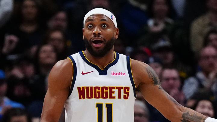 Jan 29, 2026; Denver, Colorado, USA; Denver Nuggets guard Bruce Brown (11) reacts in the second half against the Brooklyn Nets at Ball Arena. Mandatory Credit: Ron Chenoy-Imagn Images