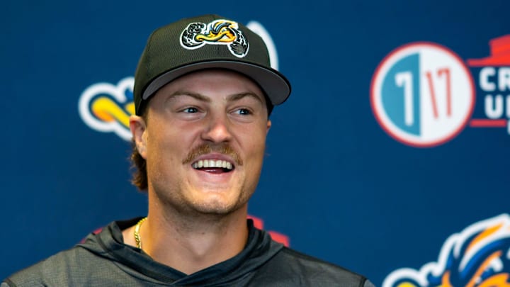 Akron RubberDucks pitcher Khal Stephen answers questions from reporters during media day April 1, 2026, at 7 17 Credit Union Park in Akron.