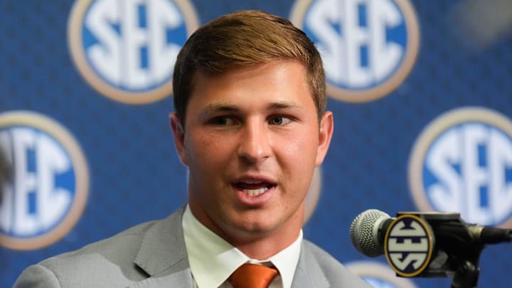 Texas safety Michael Taaffe talks to the media during SEC Media Days at the College Football Hall of Fame in Atlanta.