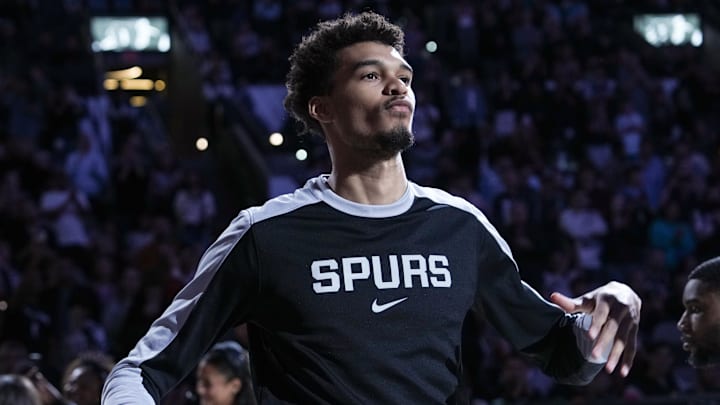 Dec 31, 2024; San Antonio, Texas, USA; San Antonio Spurs center Victor Wembanyama (1) in introduced before the game against the LA Clippers at Frost Bank Center.