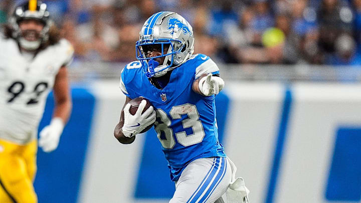 Detroit Lions wide receiver Isaiah Williams runs after making a catch against Pittsburgh Steelers during the first half of a preseason game at Ford Field in Detroit on Saturday, Aug. 24, 2024.