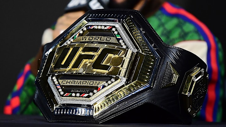 Jan 22, 2022; Anaheim, California, USA; The championship belt of Deiveson Figueiredo pictured following his victory at UFC 270 at Honda Center. Mandatory Credit: Gary A. Vasquez-Imagn Images