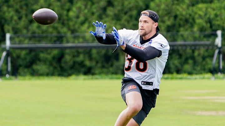 Cincinnati Bengals tight end Mike Gesicki (88) runs drills during practice, Tuesday, May 6, 2025, at the Kettering Health Practice Field in Downtown Cincinnati.