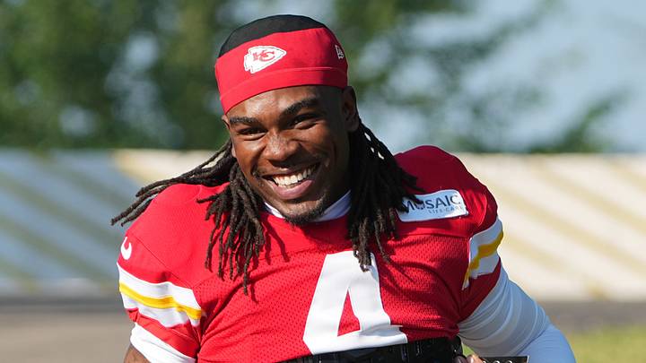 Kansas City Chiefs wide receiver Rashee Rice (4) smiles Kansas City Chiefs wide receiver Rashee Rice (4) smiles