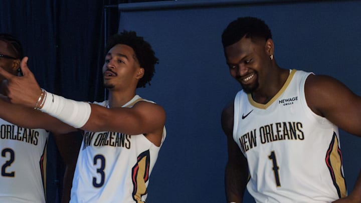 Sep 23, 2025; Metairie, LA, USA; New Orleans Pelicans forward Herbert Jones (2), guard Jordan Poole (3), and forward Zion Williamson (1) take part in media day at Ochsner Sports Performance Center. Mandatory Credit: Matthew Hinton-Imagn Images